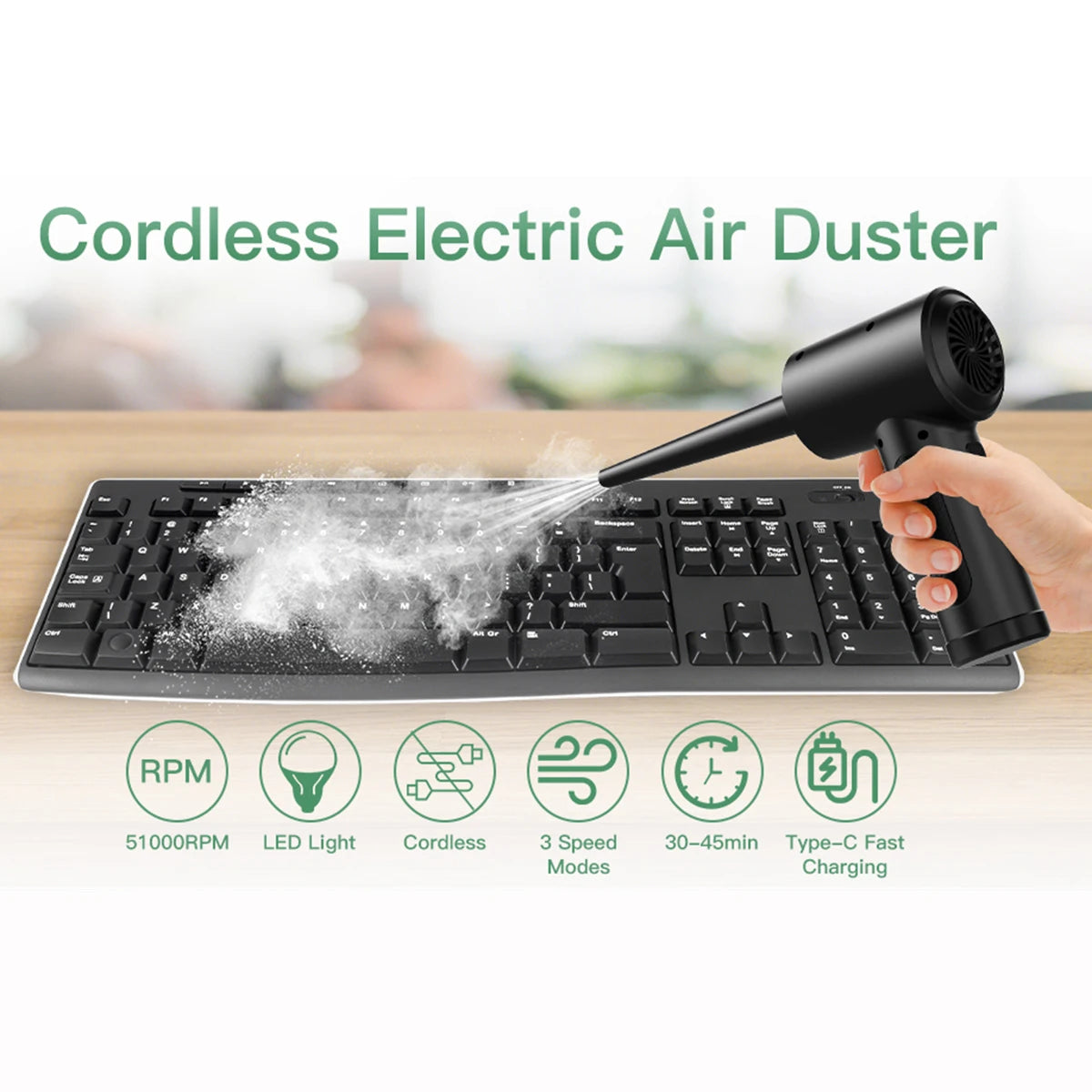 Compressed Air Duster for Keyboard Electric Air Blower Computer Cleaning Cordless Air Dust Cleaner for PC Crumbs Car